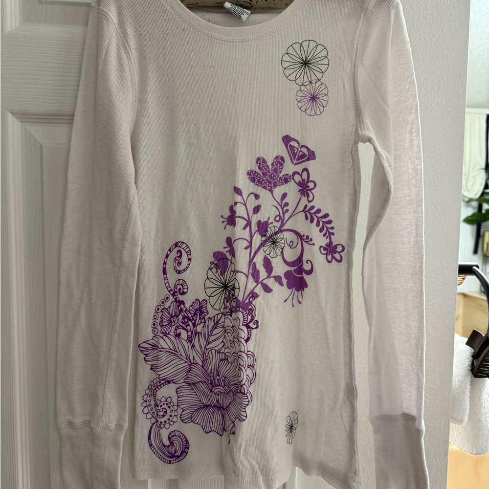 Roxy Women's White Long Sleeve Tee with Purple Floral Design